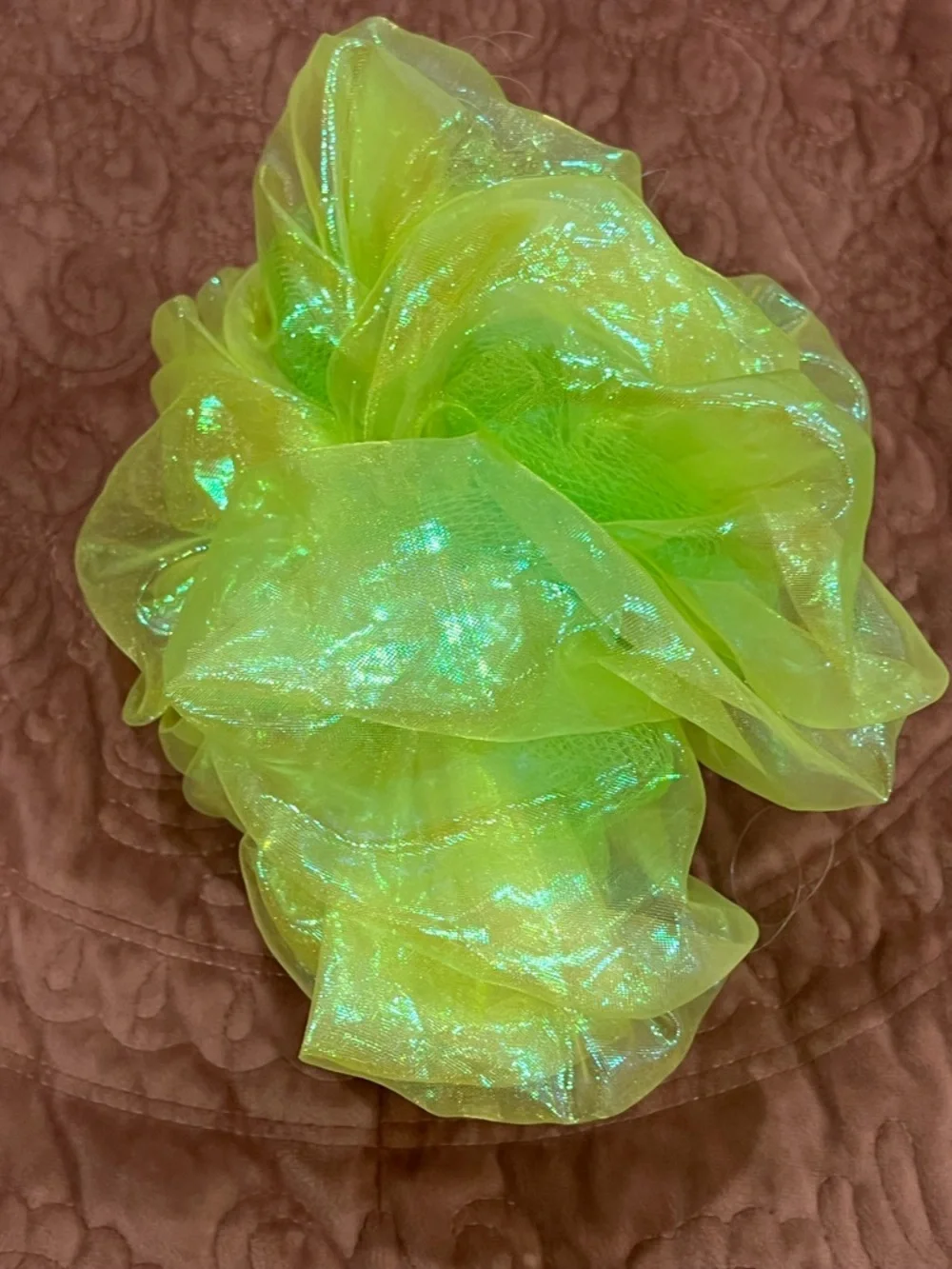 Green Iridescent Bow Lufa with Plush Heart Accent